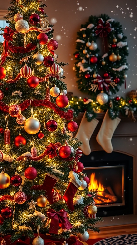 A decorated Christmas tree with lights and ornaments in a snowy setting, featuring a cozy fireplace.
